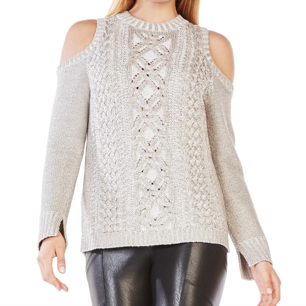 BCBG MAXAZRIA Arlene Metallic Wool Blend Cold Shoulder Sweater XS